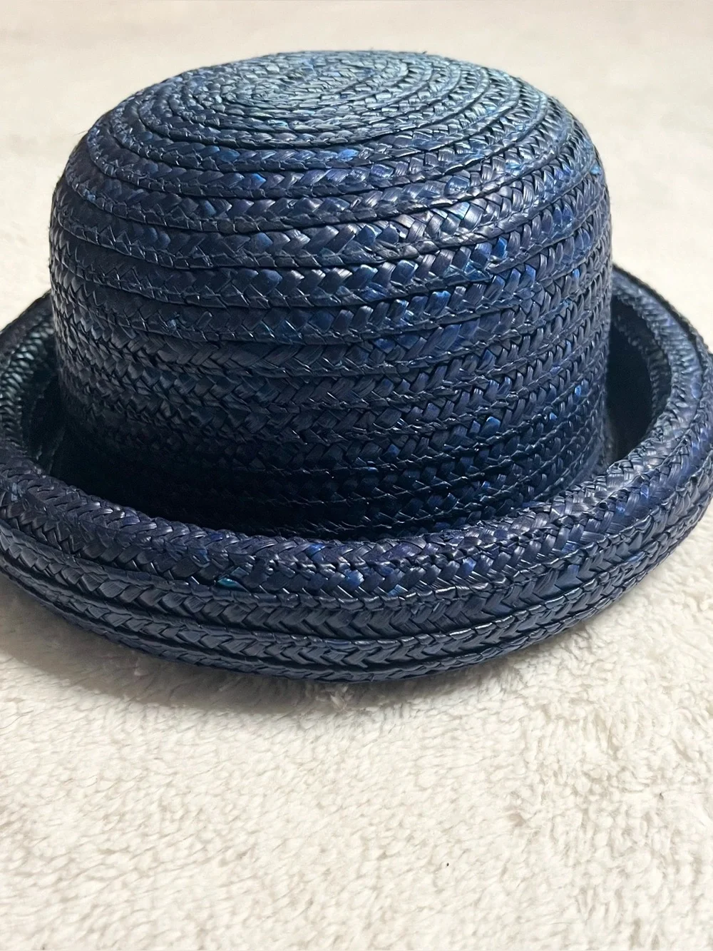 Vintage Navy Blue Braided Straw Rolled Brim Bowler Hat